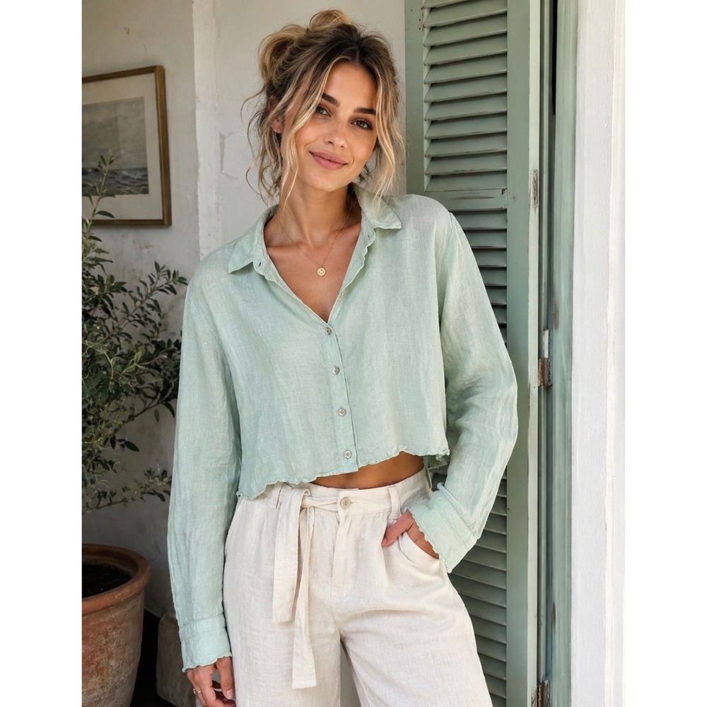 Cynthia Rowley Mint Green 100% Linen Cropped Button Down Shirt XL